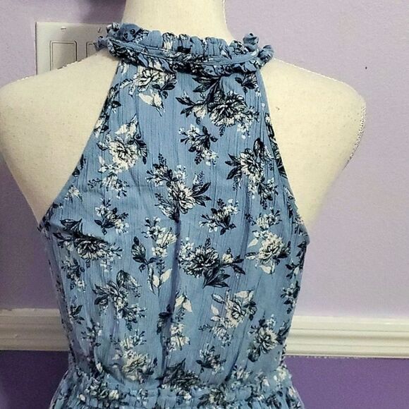 Band of Gypsies Blue Floral Boho Romantic Ruffly Tiered Mini Dress - Picture 9 of 12